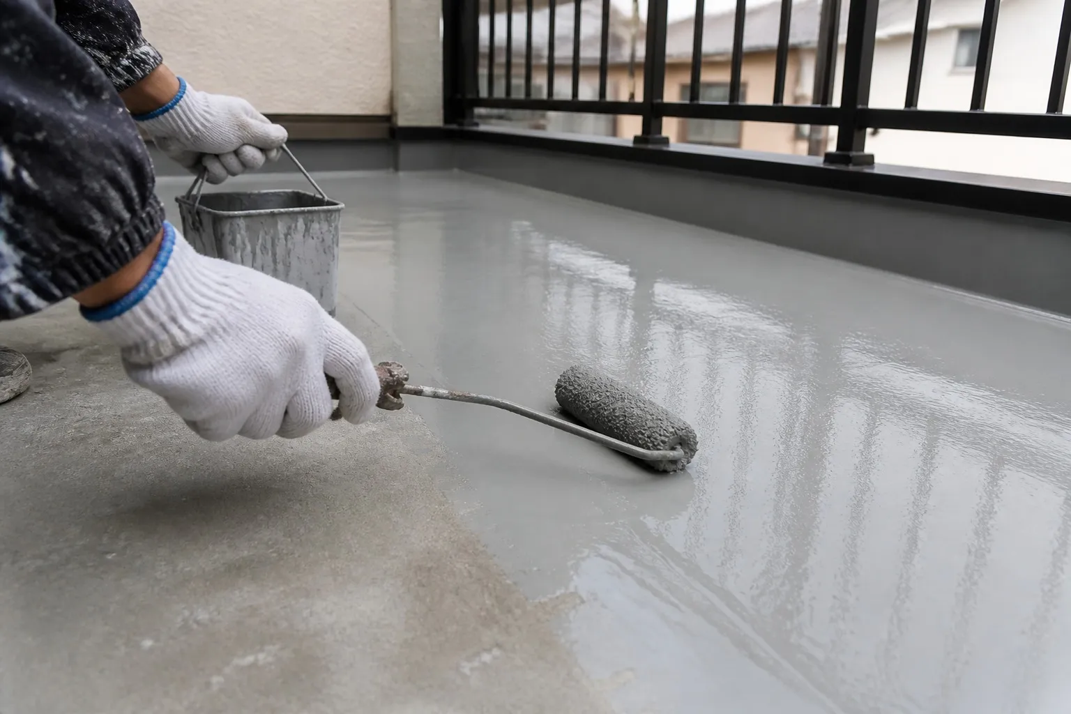 ベランダの床にウレタン防水を塗り広げる手元